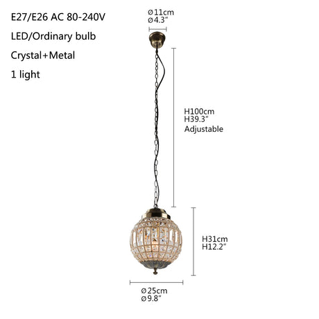 Retro Vintage Royal Empire Ball Chandelier Crystal Modern Pendant Lamp Lights E27 For Living Room Bedroom Bathroom Hotel