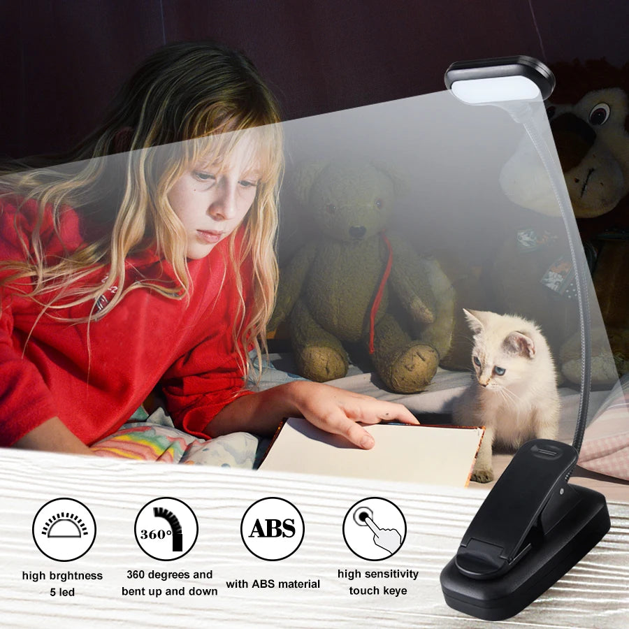 Adjustable LED Book Light With Goosenecks Clip 5 LEDs AAA Battery Powered Flexible Night Reading Desk Lamp Notebook Cool White