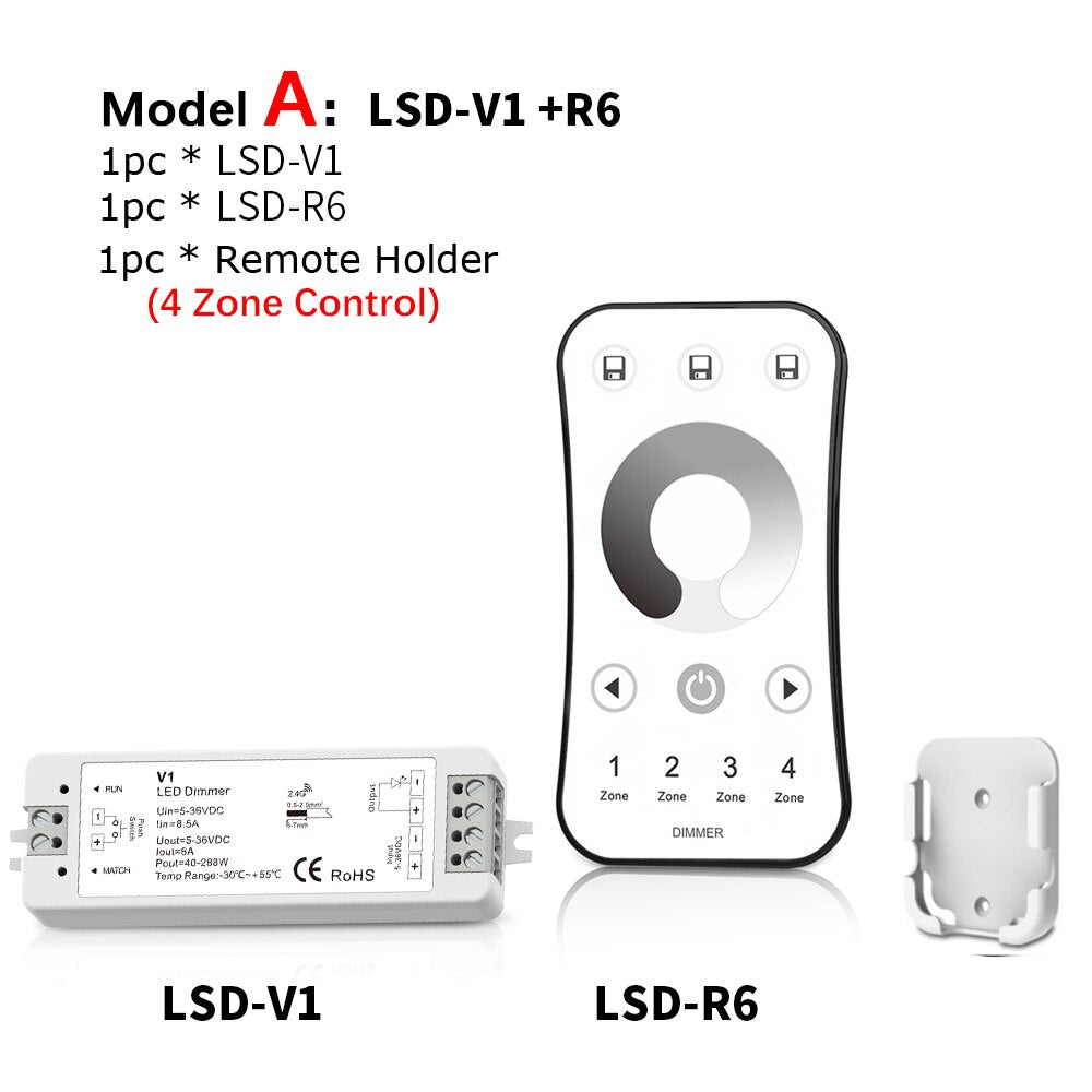 LED Dimmer Switch PWM Wireless RF 2.4G 4-Zone Touch Remote Smart Home Wifi Relay DC12V 24V Controller for Single Color LED Strip