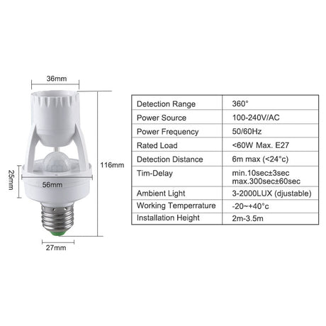 E27 Lamp Base with PIR Motion Sensor