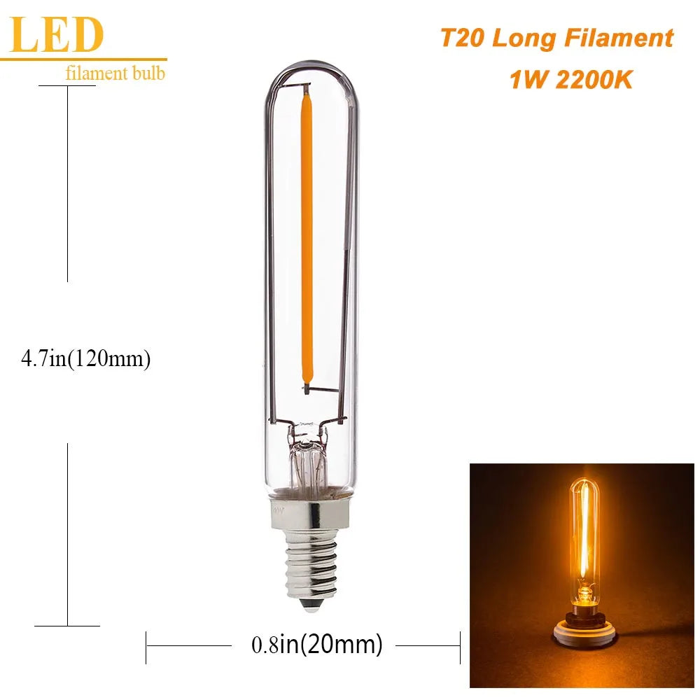 T20 Tubular LED Filament Bulbs - Dimmable E12 E14 Vintage Light Bulbs