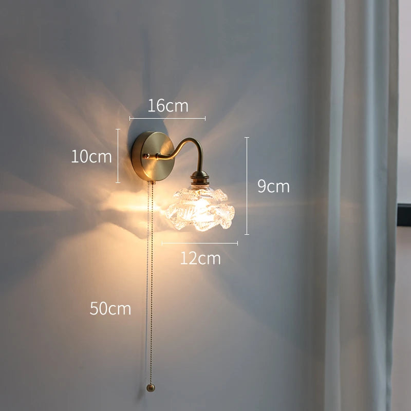 IWHD Flower Glass Copper Wall Lamp Sconce Pull Chain Switch LED Bedroom Bathroom Mirror Stair Light Nordic Modern Wand lamp