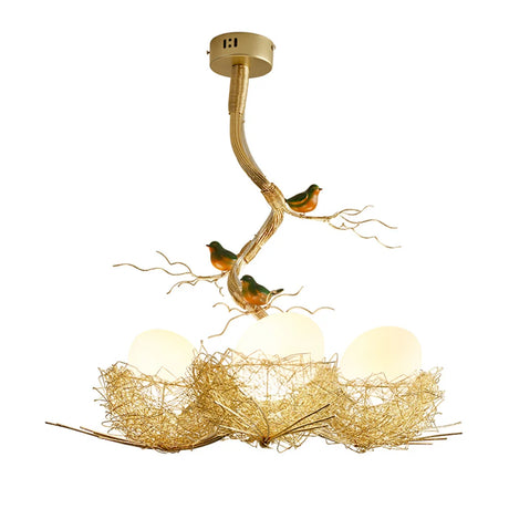 Nordic Cottage core Decors Golden Bird's Nest Chandeliers Hallway Living Room Kids Art Glass Egg 3 Heads Hanging Lighting Fixtures