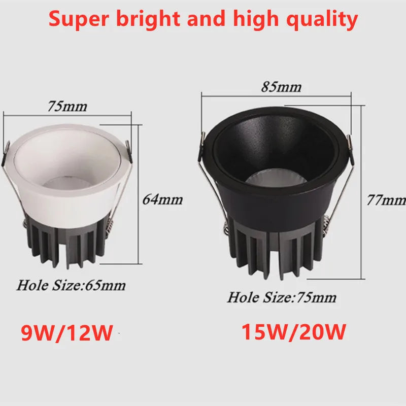 Dimmable COB chip LED Downlights 9W 12W 15W 20W LED Ceiling Lamp Spot lights Background Lamp Indoor Lighting