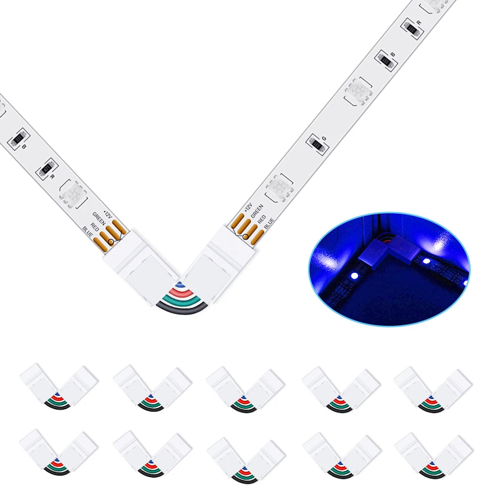 10Pcs L-Shape 4-Pin LED Strip Connectors - Angle Adjustable (90°-180°) for 10mm 5050 RGB
