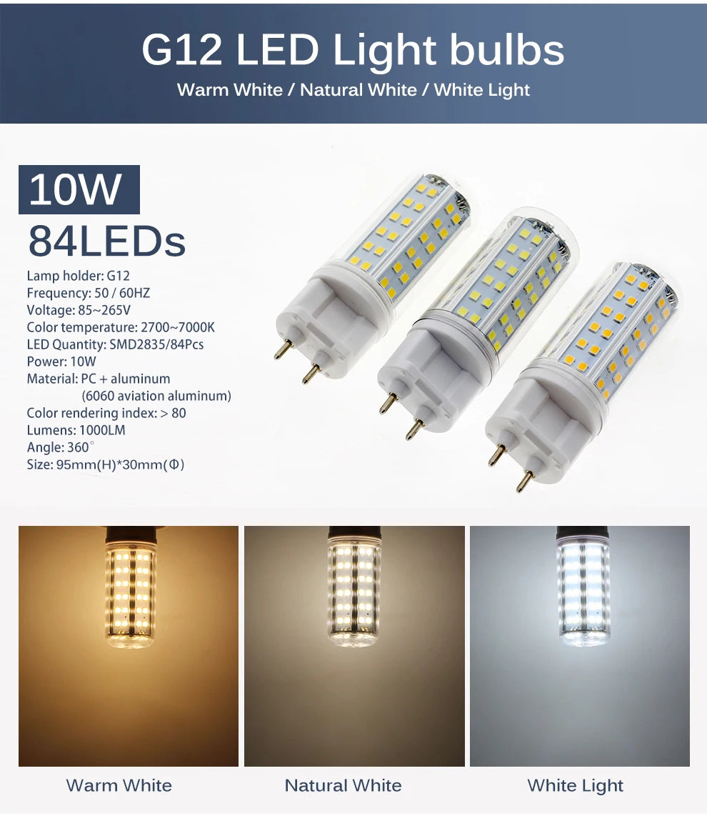 G12 LED Bulb Light AC85-265V 10W 1000LM 15W 1500LM High Brightness SMD2835 LED Corn Bulb Lamp.