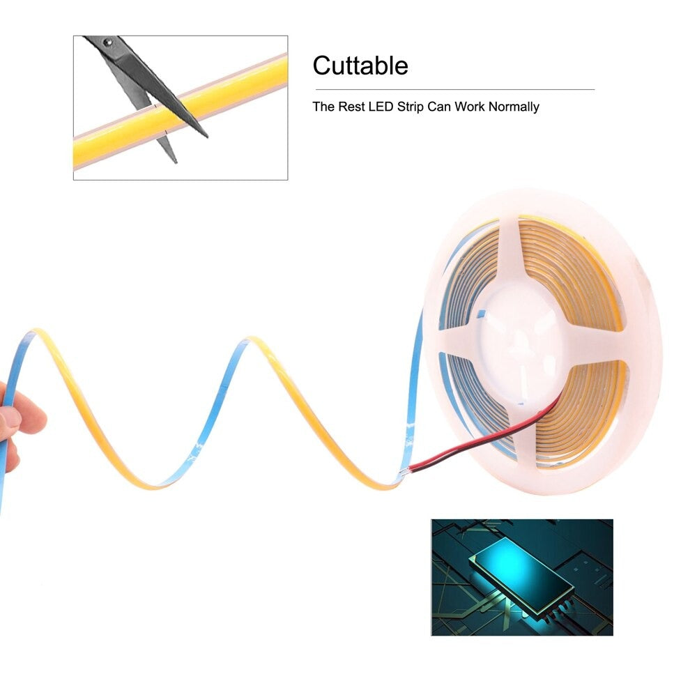 Super Thin 5mm COB LED Strip 384LEDs/m Soft Flexible DC12V/24V Light Bar Warm Cold White for Decor Lighting 3000K 4000K 6000K