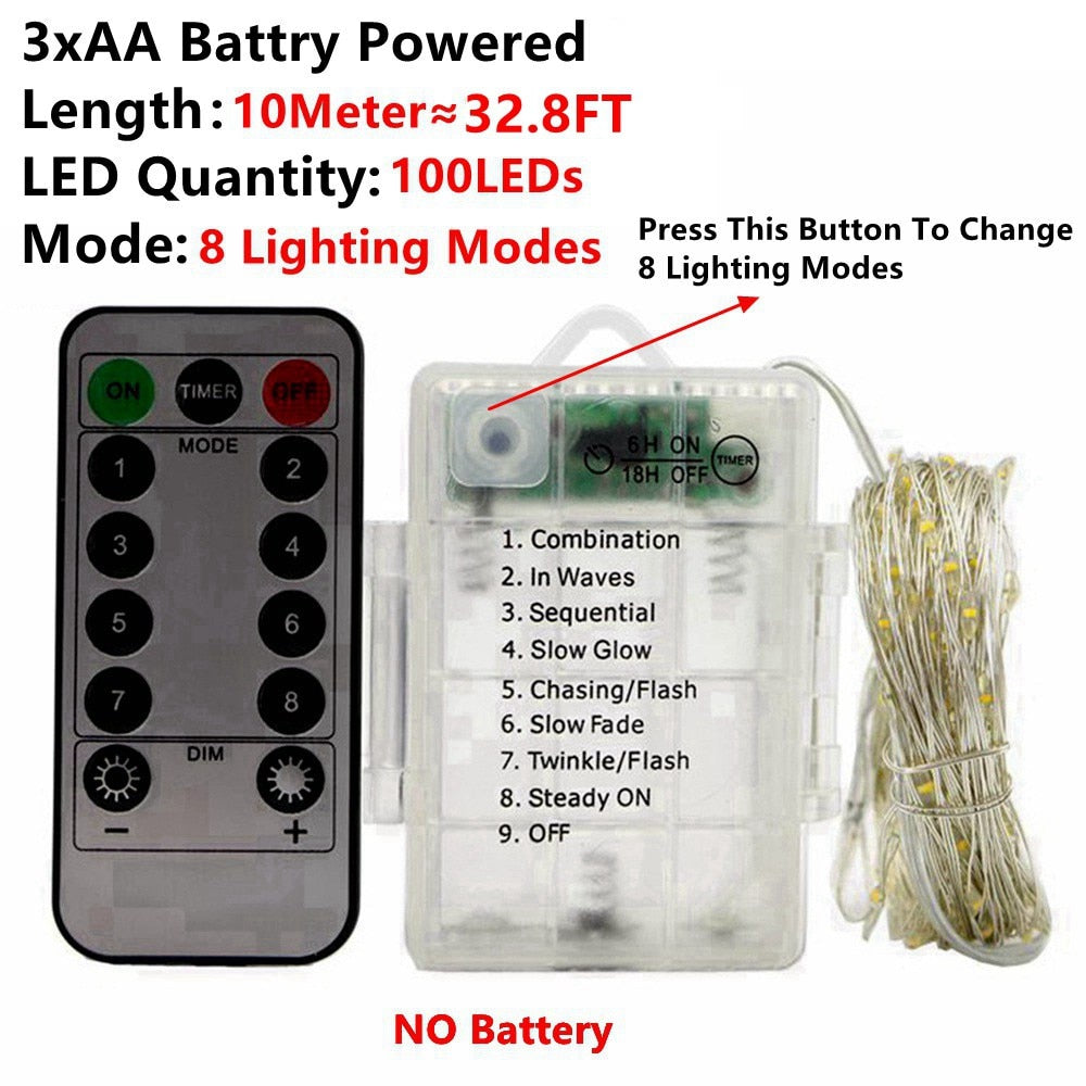Remote Control Fairy Lights Copper Wire Timer LED String Lights Garland Christmas Decoration Lights USB Battery Powered 5/10/20M