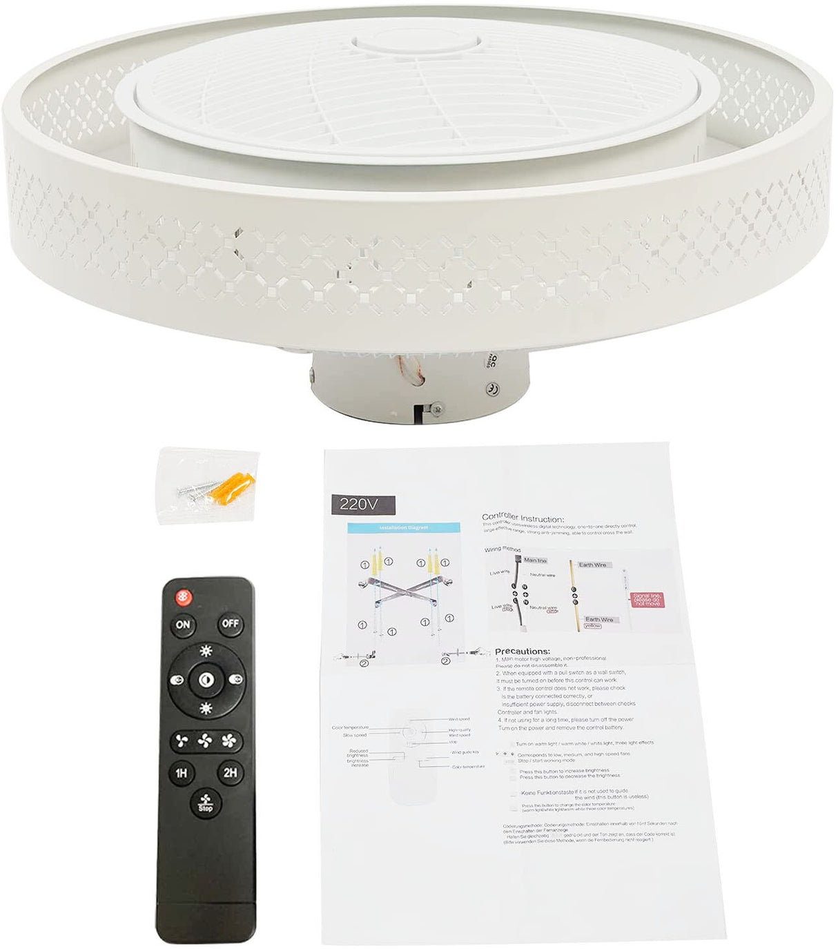 Ceiling Fan with Light Led Grid Lamp with Remote Control for Living Room Dining Room Kitchen