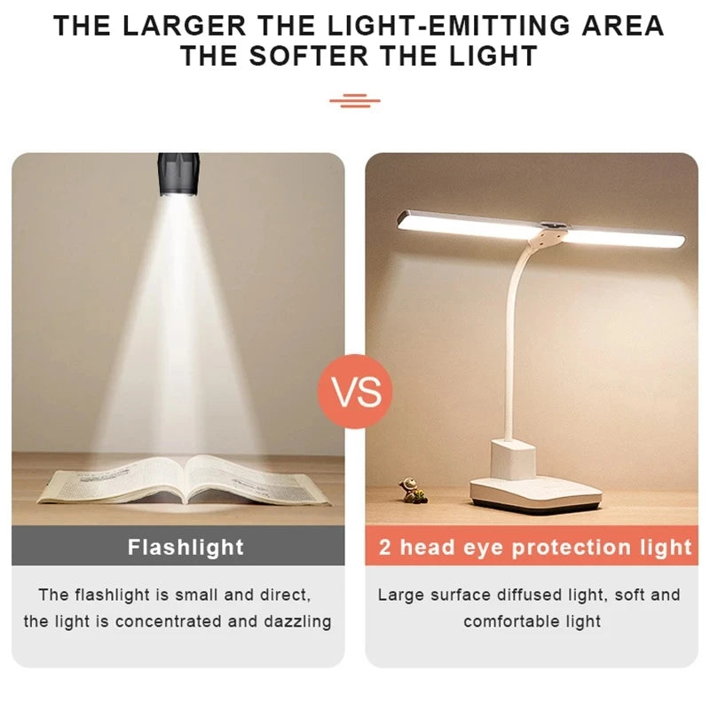 LED Desk Lamp Double Head 52cm USB Charging Stepless Dimming Eye Protection Reading Book Lights Three-color Switch Table Light