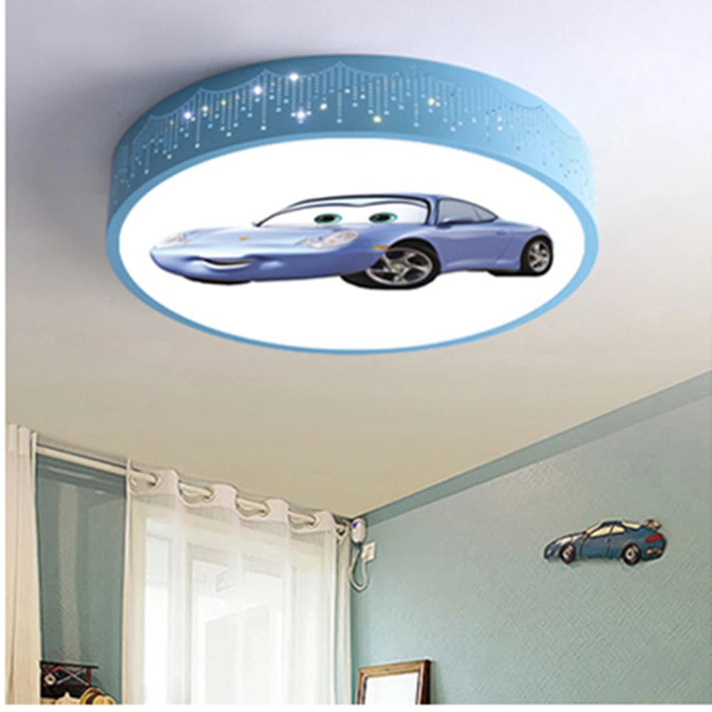 Cartoon Car Round LED Ceiling Light (Dimmable with Remote) - Modern Flush Mount Ceiling Lamp Fixture for Kids Bedroom, Nursery, Playroom & Corridor