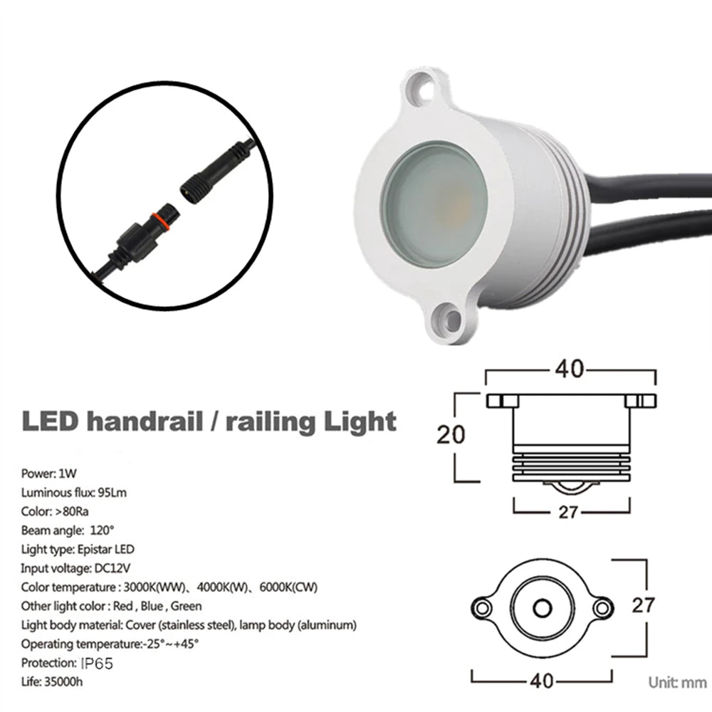 Outdoor 1W LED Handrail Light - IP65 Waterproof Recessed Railing Spotlight