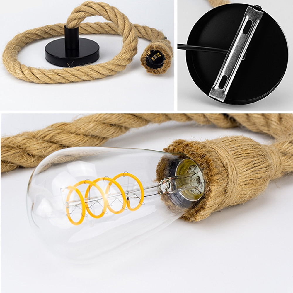 Vintage Hemp Rope Pendant Light Retro Loft Industrial Hanging Lamp Cre ...