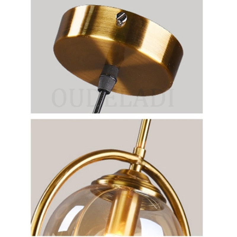 Nordic restaurant single head metal ring pendant lights modern living room bedroom bedside glass ball hanging lamp