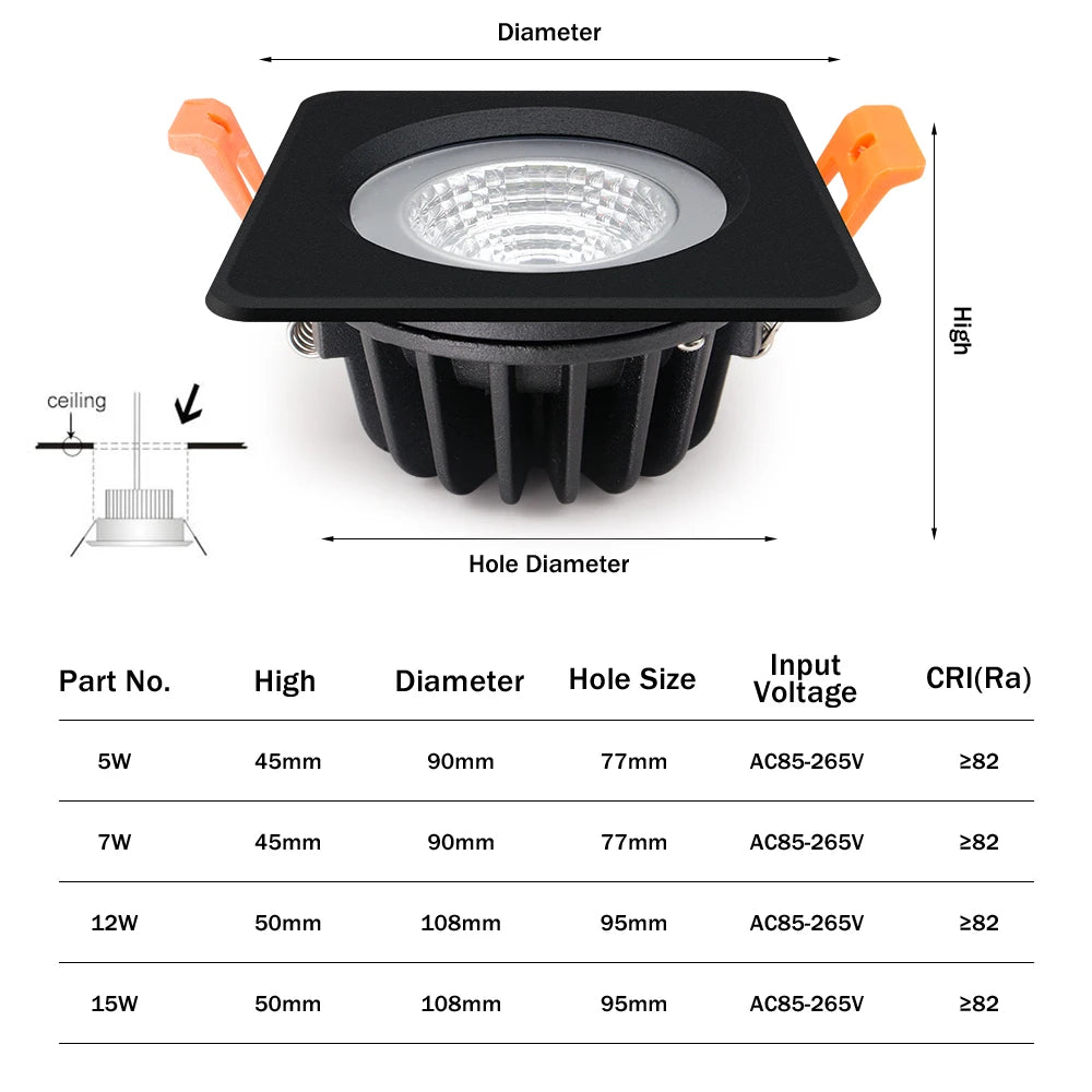 Square LED Downlight IP65 Waterproof Recessed Ceiling Lamp White/Black COB 5W 7W Spot Indoor Bathroom Balcony Light Fixtures