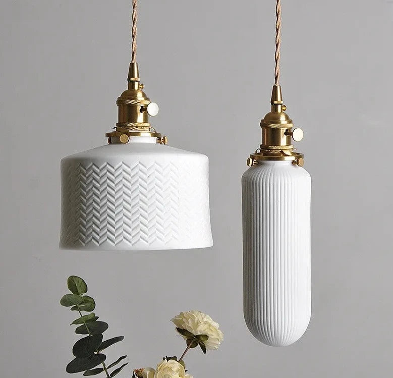 Nordic White Ceramic LED Pendant Lights Fixtures Knob Switch For Bedroom Dinning Living Room Modern Copper Hanging Lamp