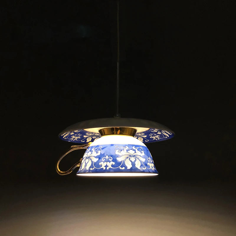 Chinese Style Blue Flower Cup Pendant Lights Dining Room Hanging Lamp Kitchen Indoor Lighting Fixtures Home Decors Loft Luminaire