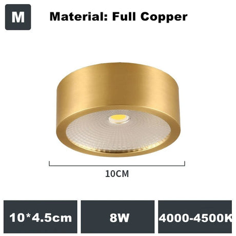 Full Copper 220V LED Ceiling Downlight Nordic Hallway Corridor Porch Surface Mounted Brass 6W 8W 10W Spot Light Fixture