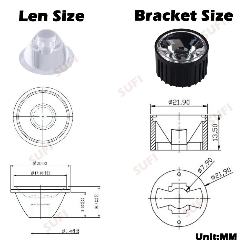 20mm LED Lens & Reflector - 25/30/45/60/90/120 Degree for 1W 3W 5W LED