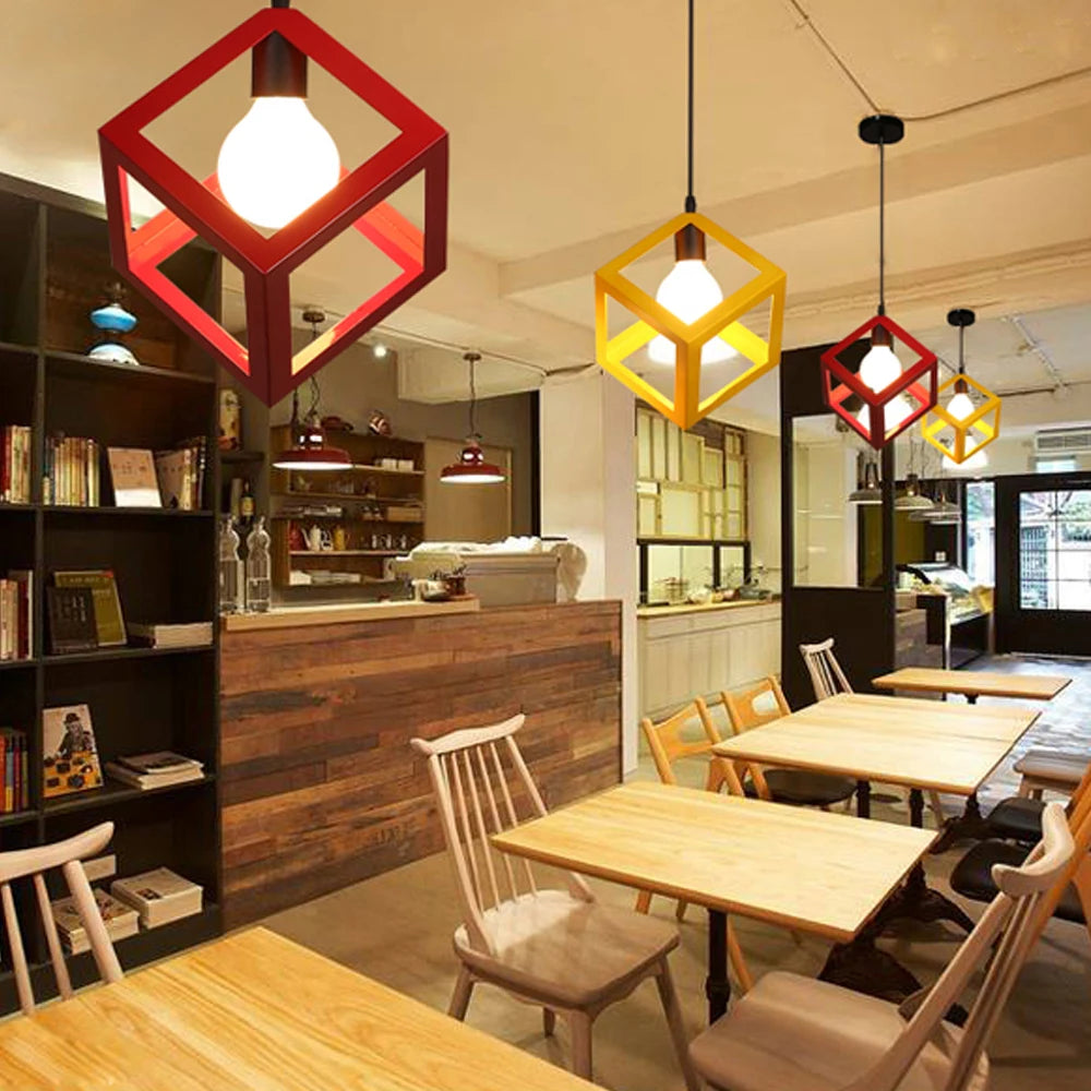 Nordic Style 3 in 1 Pendant Lights Creative Geometric Lamp Shade Cube E27 Base Metal Hanging Light Square Ceiling Lighting Decors