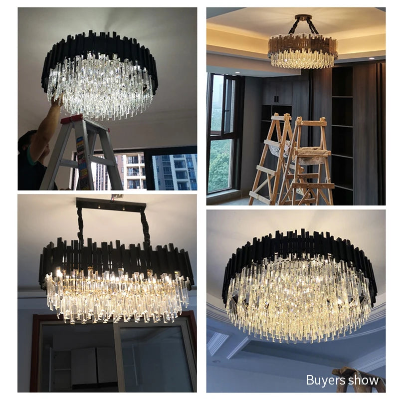 FKL Modern Crystal Black Chandelier For Living room Bedroom Oval Long Dining room Lamp Industrial Style Black Crystal Chandelier