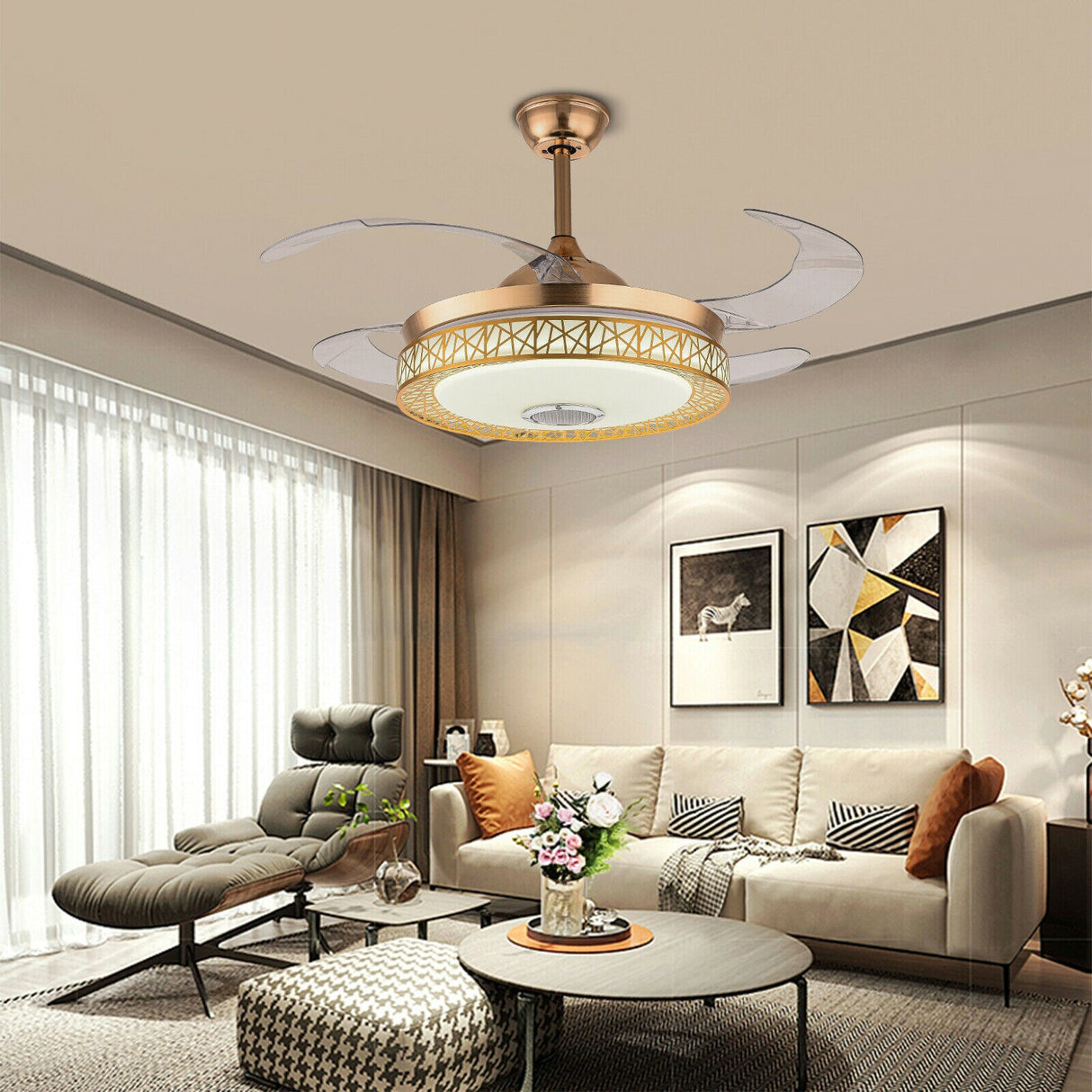 Bluetooth Invisible Ceiling Fan Light LED 3-Color Music Player Chandelier