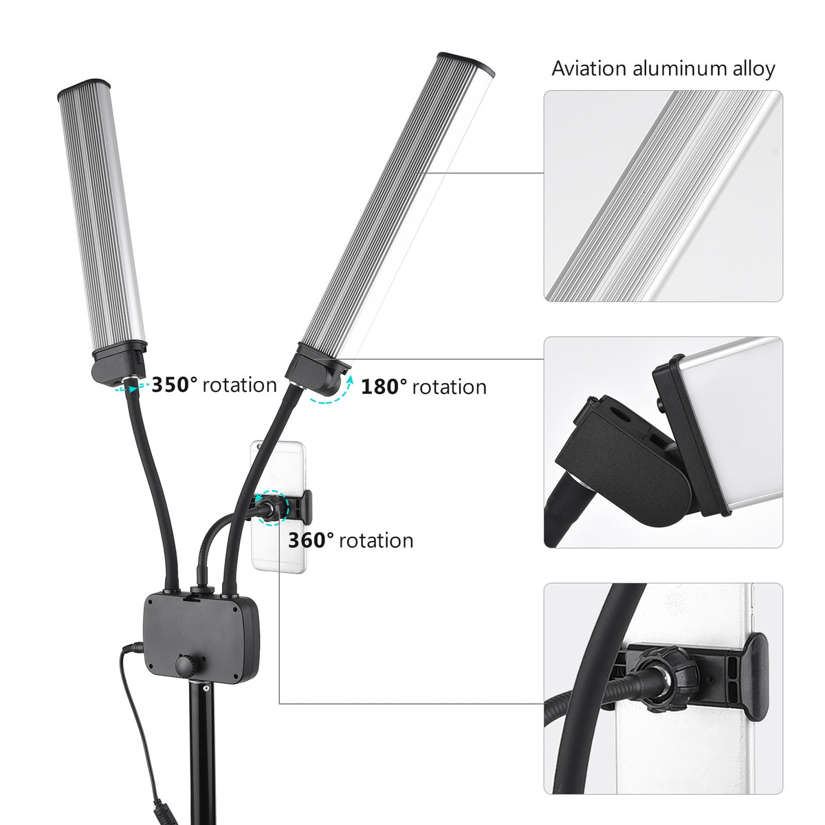 Flexible Double Arms LED Fill Light Bi-color Dimmable LED Video Light 3 Lighting Modes with Phone Holder for Makeup Live Stream