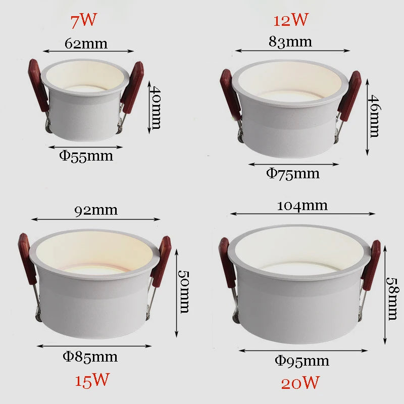 Dimmable Recessed Deep Glare LED Downlights 7W 12W 15W 20W LED Ceiling Spot Lights AC85~265V LED Ceiling Lamps Indoor Lighting