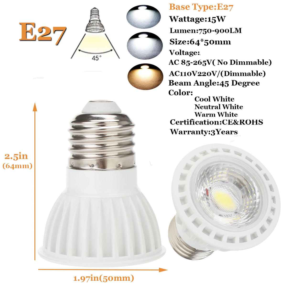10pcs 5W COB Light Bulbs 45 Beam Angle 110V 220V Dimmable E26 E27 GU10 LED Spotlight for Home Office Table Lamp Downl