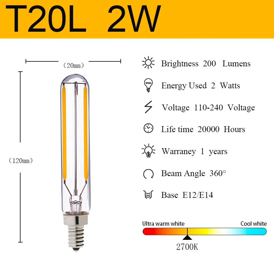 Vintage T20 T6 Tubular LED Filament Bulb - 1W 2W E12 E14 Dimmable Retro Light
