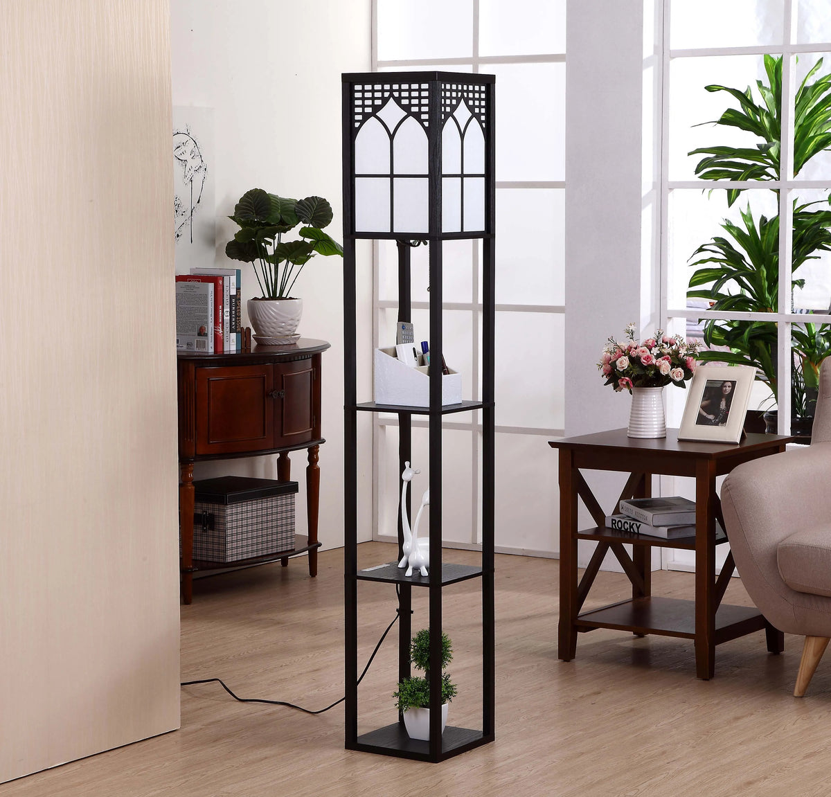 LED Shelf Floor Lamp Wooden Storage Standing Lighting Bedside Night Soft for Bedroom Living Reading Room Home-C