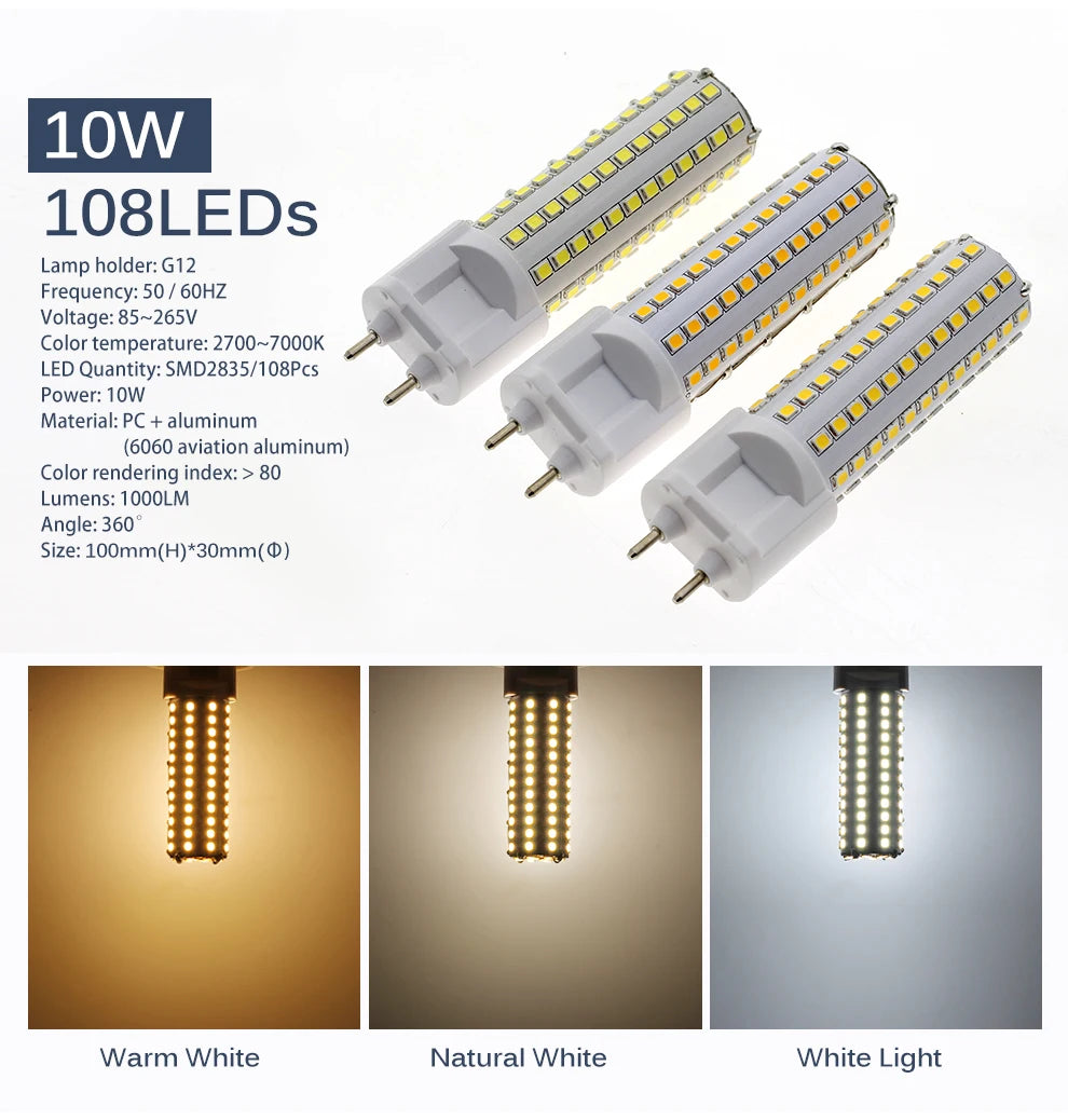 G12 LED Bulb Light AC85-265V 10W 1000LM 15W 1500LM High Brightness SMD2835 LED Corn Bulb Lamp.