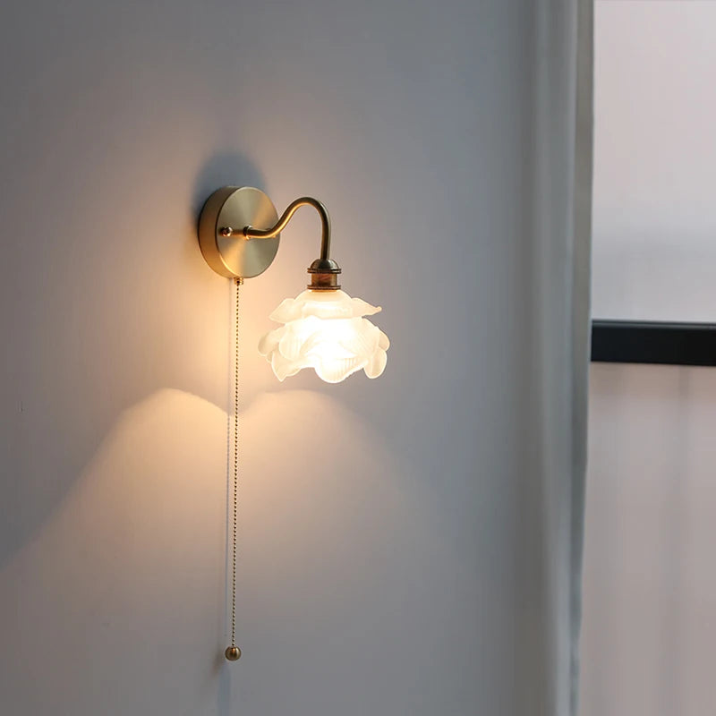 IWHD Flower Glass Copper Wall Lamp Sconce Pull Chain Switch LED Bedroom Bathroom Mirror Stair Light Nordic Modern Wand lamp