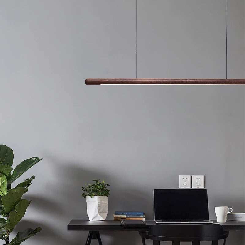 Solid Wood Hanging Lamp Nordic LED Wood Pendant Light Modern Table Long Linear Light Round Hanging Fixtures for Kitchen Island