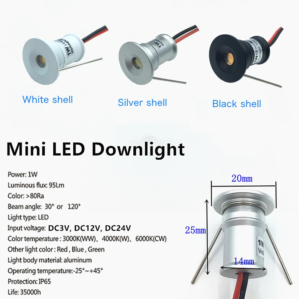 20pcs LED Spotlight Dimmable 12V 3V 24V Downlight 1W Recessed Ceiling Lamp Kitchen Cabinet Stair Spot Bulb Light