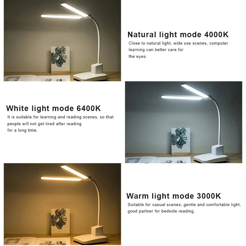LED Desk Lamp Double Head 52cm USB Charging Stepless Dimming Eye Protection Reading Book Lights Three-color Switch Table Light
