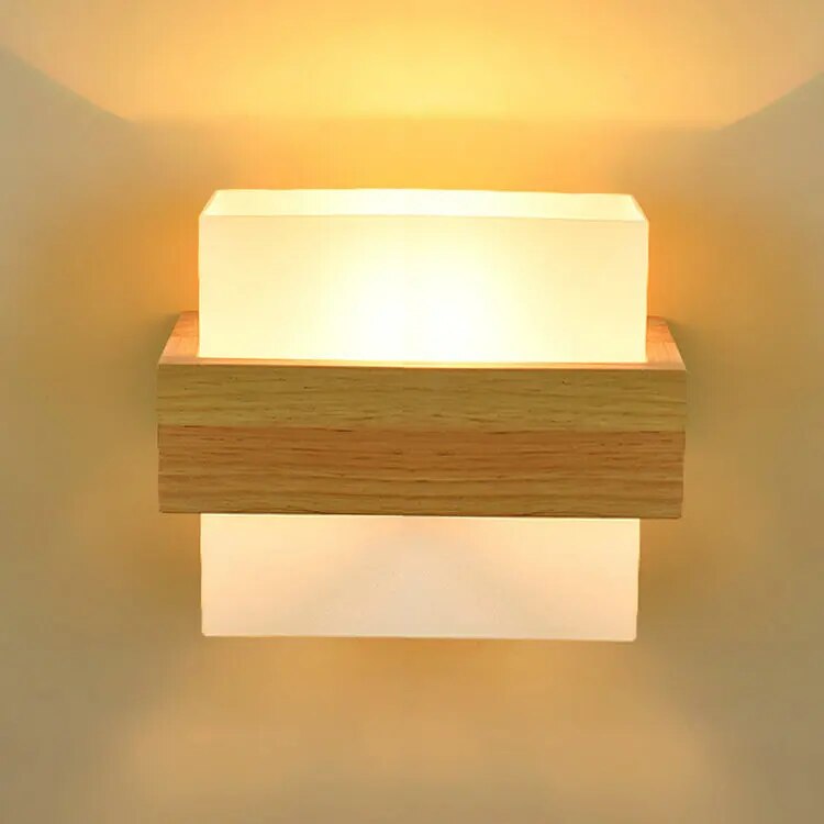 Japanese Decoration Wall Wood Lamp Glass Lampshade Bedroom Entrance Aisle Indoor Home Lights E27 LED Nordic Bedside Wall Light