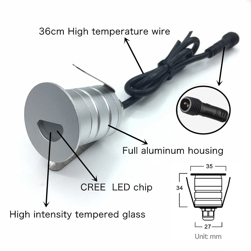 1W Waterproof IP67 Recessed LED Stair Light (DC 12V/24V) - Outdoor Deck & Corner Wall Lamp