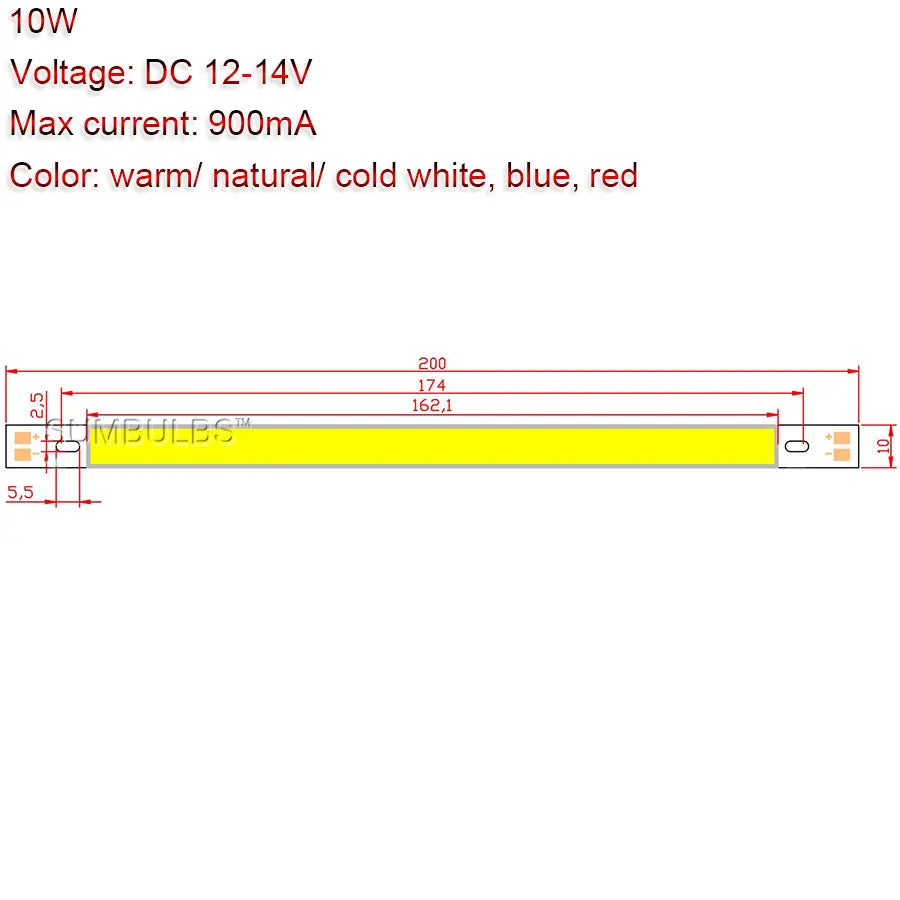 Sumbulbs 200x10mm COB LED Light Strip (10W, DC 12V–14V, 1000LM) - 20CM Lamp Module
