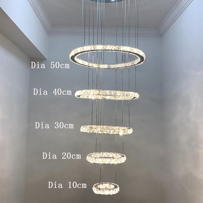 Luxury Large 5 Rings Led Round Crystal Chandelier light Spiral Pendant Lamp Modern Chandelier Light Fixtures Stair Hotel Lamp