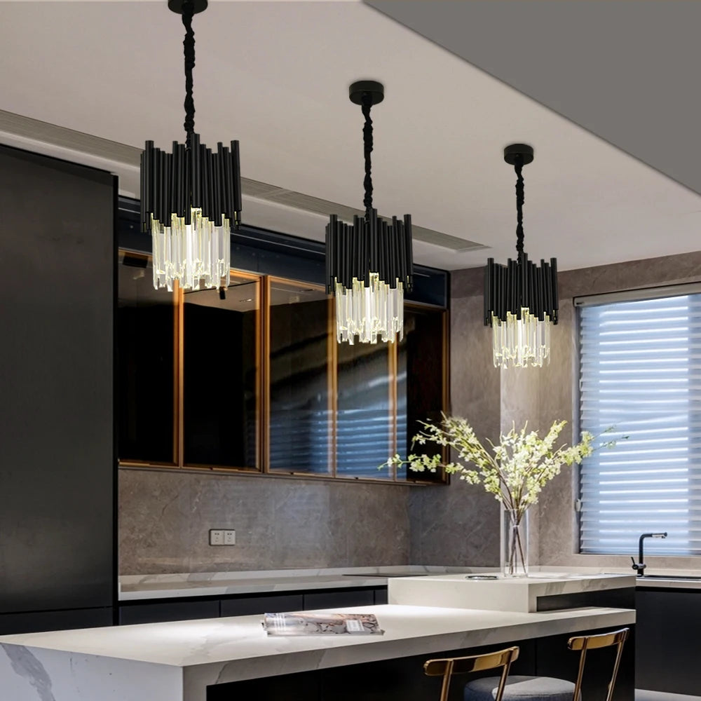 Dining room crystal chandelier modern black hanging light fixture luxury kitchen island led crystal lamp with dimmable