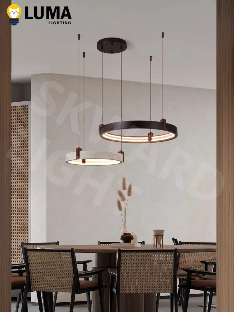 Wabi Sabi Japanese Yellow Travertine Pendant Light, Natural Cave Stone Solid Wood Chandeliers for Livingroom Kitchen Island Deco