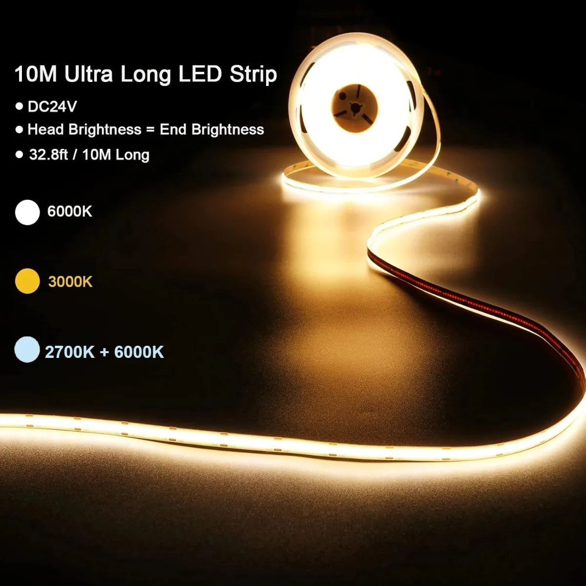 24V Super Bright COB LED Strip Light (312/576 LEDs/m, 5M/10M) - Flexible Cuttable High-Density Tape Light with Adhesive Backing