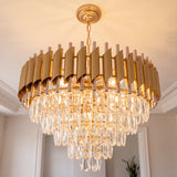 Modern Gold Round Crystal Chandelier, 5-Tier Raindrop K9 Crystal Pendant Light Adjustable Chain Luxury Ceiling Light Fixture for Dining Room Kitchen Island Living Room Bedroom