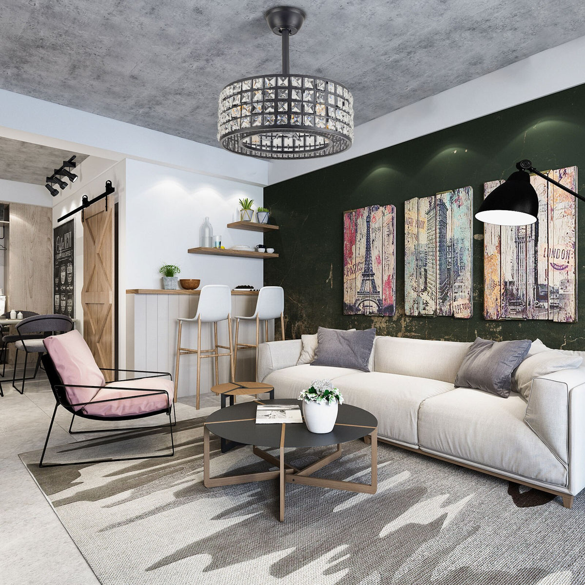 Remote Control Ceiling Fan Light with 4-Lamps 18 Inch Round Enclosed Chandelier Fan with Crystal Lamp Shade Built in 7 ABS Blade