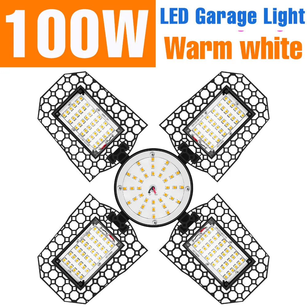 200W Deformable LED Garage Light (E26/E27) AC85-265V - Foldable High Bay Ceiling Lamp for Workshop, Warehouse & Basement