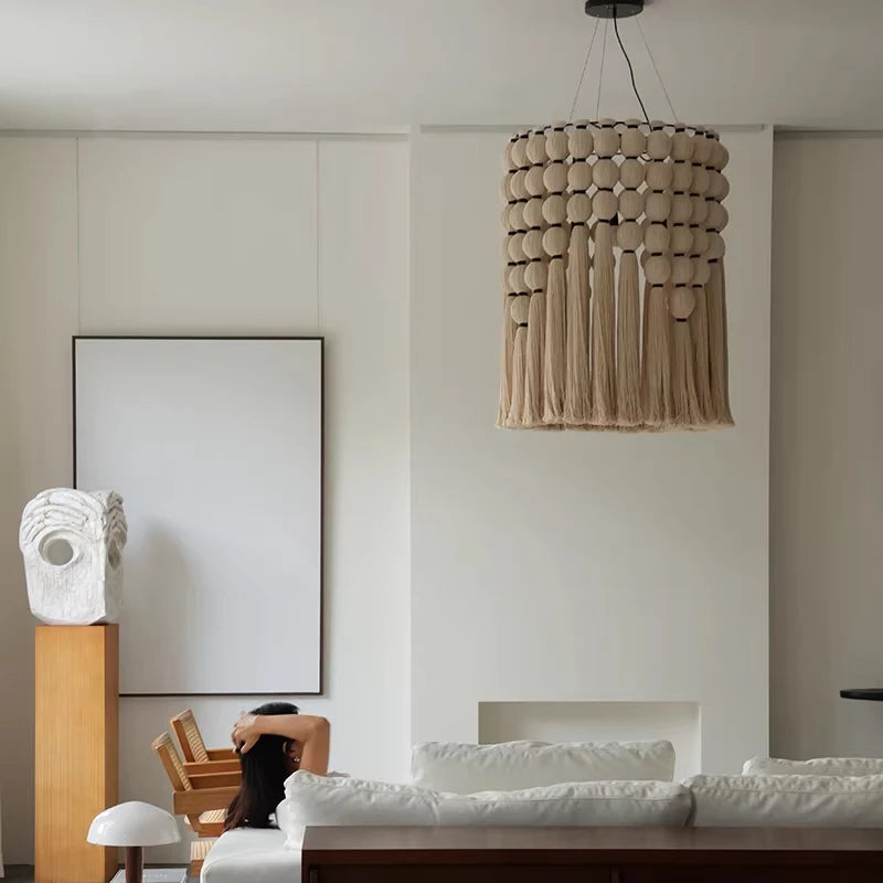 Nordic Wabi Sabi Minimalist Handmade Cotton Rope Bosnian Tassel Chandelier Living Dining Room Bedroom Pendant Light Lamp Fixture