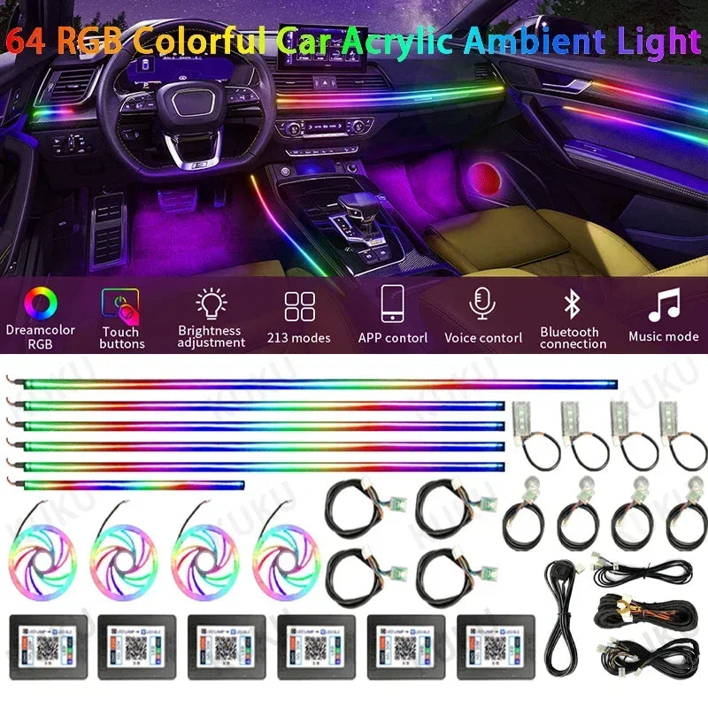 22 In1 Car Acrylic LED Ambient Lamps Universal Colorful Atmosphere Lights Auto Interior Neon Strip App Control 64 RGB  Lighting