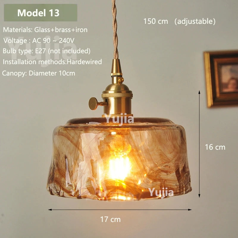 Vintage Amber Glass Pendant Light - Retro Brass Adjustable Hanging Hanging Lamp
