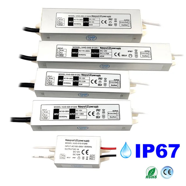LED Waterproof Power Supply Input AC100-265V Output 12V 1A 12W/1.68A 20W /2.5A 30W/ 3.75A 40W /5A 60W /Transformer Driver